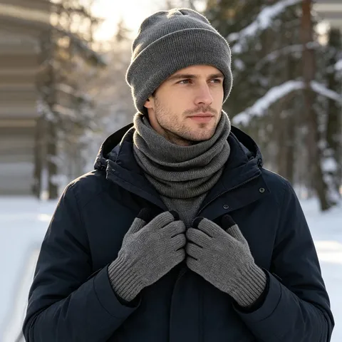 Invierno Cálido Gorro de Punto Bufanda Y Guantes Conjunto Color Sólido Gorro Cuello Calentador Guantes Pantalla Táctil Para Adultos Hombres Y Mujeres