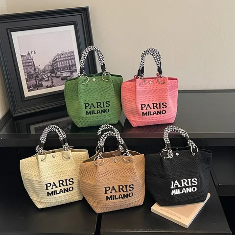 Sac Seau Tricoté pour Femmes Mode Tissé Sac à Main Casual Commuting Poignée Supérieure Imprimé Lettre