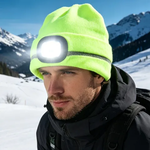 Berretto in Maglia LED Cappello Invernale Caldo ricaricabile USB con Striscia Riflettente per Corsa Notturna Pesca Esterno