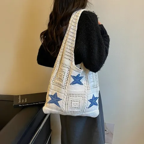 Sac de Plage Tricoté Décontracté pour Femmes Sac Cabas Bandoulière Crochet Ajouré Vacances à la Plage Polyester