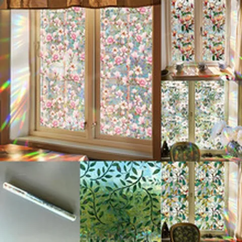 Film pour Fenêtre Arc-en-ciel Irisé Autocollant de Confidentialité en Vitrail Décoratif Statique Plante Florale Décalcomanie en Verre