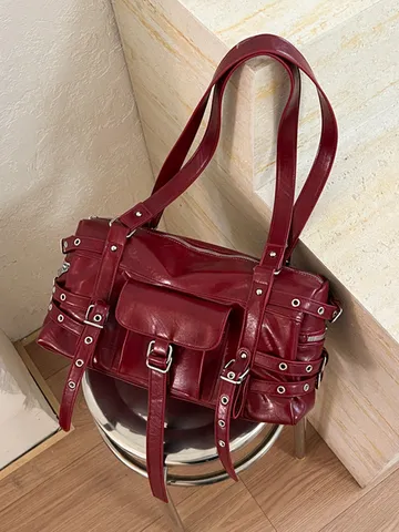 Women PU Leather Motorcycle Shoulder Bag Punk Rivet Underarm Bag Retro Casual Large Capacity Tote Handbag