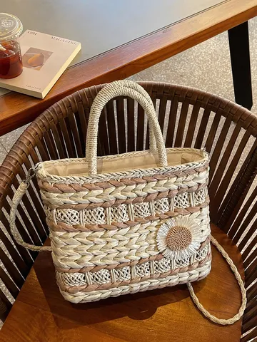 Women Fashion Straw Woven Handbag Large Capacity Casual All Match Single Shoulder Crossbody Basket Bag Floral Decor