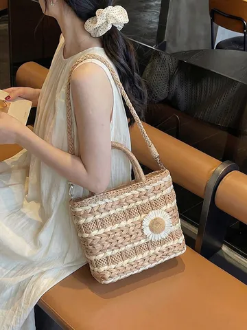 Women Fashion Straw Woven Handbag Large Capacity Casual All Match Single Shoulder Crossbody Basket Bag Floral Decor