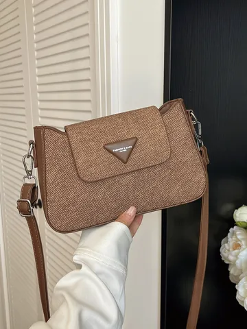 Minimalist Retro Woven Texture Women's Shoulder Bag PU Leather Commuting Crossbody Bag Fashion Top Handle Bag Purse