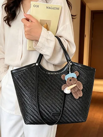 Borsa Tote Intrecciata in Pelle PU da Donna Moda Grande Capacità Borsa a Tracolla Commuter Casual Borsa Minimalista Con Ciondolo Orsetto