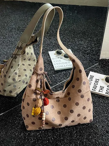 Borsa Tote Vintage in Suede con Pois per Donna Grande Capienza Borsa a Tracolla Casual Versatile Borsa a Mano