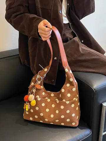 Borsa Tote Vintage in Suede con Pois per Donna Grande Capienza Borsa a Tracolla Casual Versatile Borsa a Mano