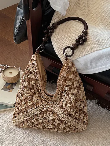 Καλοκαιρινή Πλεκτή Ψαθίδα Tote Τσάντα για Γυναίκες Διχτυωτή Παραλία Διακοπές Casual Χειροποίητη Τσάντα Ρετρό Τσάντα Ώμου Καλάθι