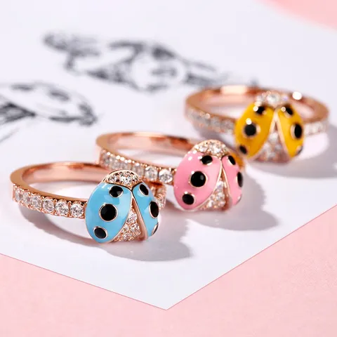 Mode Roségold Vergoldet Metall Strass Marienkäfer Offener Ring Süß Bunt Insekt Emaille Schmuck Geschenk Für Damen Ring Schmuck