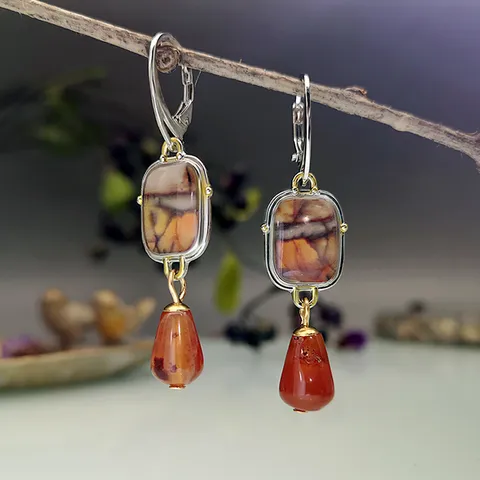 Vintage Metall Tropfen Roter Achat Hängeohrringe Zweifarbig Geometrisch Tropfen Ohrringe Handwerker Kreativer Schmuck Geschenk Für Damen