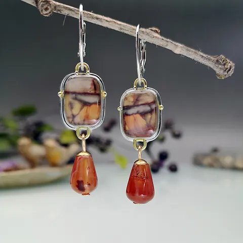 Vintage Metall Tropfen Roter Achat Hängeohrringe Zweifarbig Geometrisch Tropfen Ohrringe Handwerker Kreativer Schmuck Geschenk Für Damen