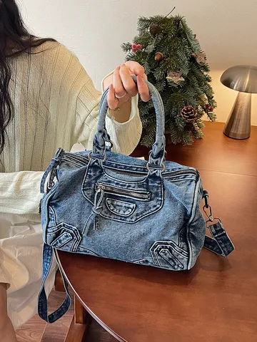 Sac Cabas Moto en Denim Lavé Vintage Femme Sac Bandoulière Casual Commuter Fermeture Éclair en Métal