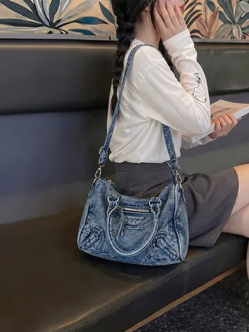 Sac Cabas Moto en Denim Lavé Vintage Femme Sac Bandoulière Casual Commuter Fermeture Éclair en Métal
