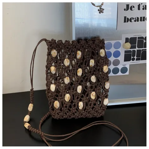 Borsa per Cellulare Intrecciata a Mano in Cordino di Cotone con Perline Svuotata a Rete Dettagli in Conchiglia Tracolla Casual Estiva Singola Spalla per Donna Vacanza Appuntamenti Quotidiano
