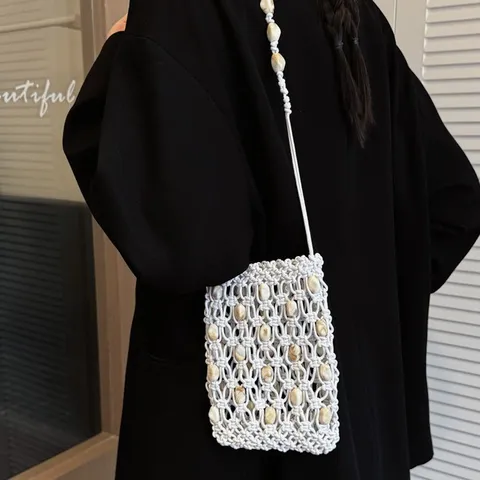 Borsa per Cellulare Intrecciata a Mano in Cordino di Cotone con Perline Svuotata a Rete Dettagli in Conchiglia Tracolla Casual Estiva Singola Spalla per Donna Vacanza Appuntamenti Quotidiano