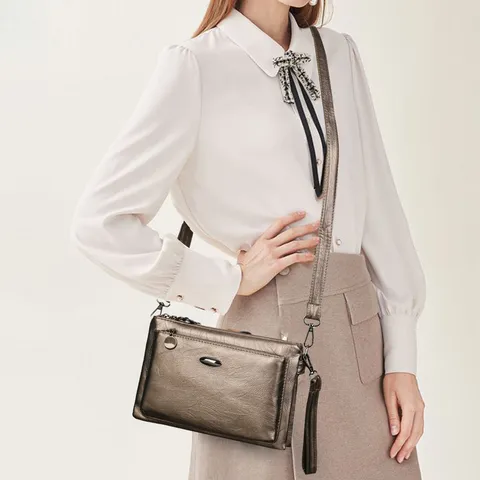 Women Vintage PU Leather Crossbody Bag Multi Layer Zipper Shoulder Purse Stitching Detail Casual Daily Sling Handbag For Ladies