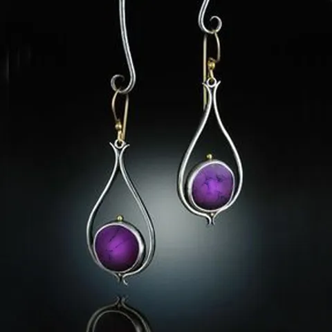 Vintage Creative Metal Purple Turquoise Rose Flower Drop Earrings Two-Tone Gold Silver Electroplated Teardrop Hook Earrings For Women Banquet Party Costume Jewelry