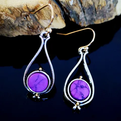 Vintage Creative Metal Purple Turquoise Rose Flower Drop Earrings Two-Tone Gold Silver Electroplated Teardrop Hook Earrings For Women Banquet Party Costume Jewelry