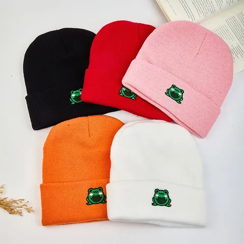 Cute Cartoon Frog Embroidered Knit Hat Winter Warm Cuffed Ribbed Beanie Hat For Men Women Students Fashion Trendy Outdoor Warmth Cold Weather Headwear