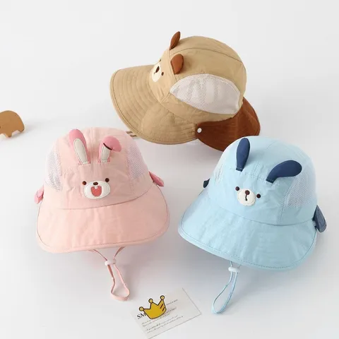 Kids Summer Sun Protection Bucket Hat Breathable Mesh Cartoon Animal Toddler Sun Hat With 3D Ears Chin Strap For Boys Girls