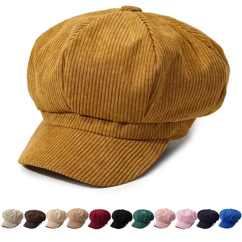 Vintage Corduroy Newsboy Cap Octagonal Hat Baker Boy Hat Flat Cap Beret Breathable Adjustable Casual Hat For Women Men