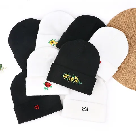 Unisex Winter Warm Knit Beanie Hat Solid Color Cuffed Woolen Cap With Cute Embroidery Outdoor Casual Ski Hat