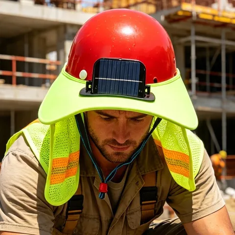 Solar Powered Cooling Fan Safety Helmet Sun Shade Neck Shield With Reflective Strip Breathable Mesh Sun Protection Hat For Outdoor Construction Workers