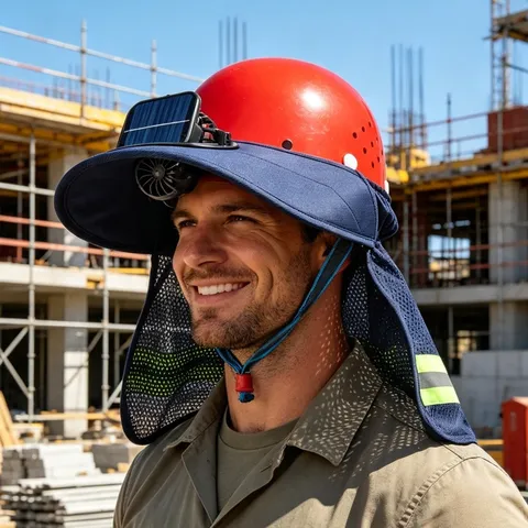 Solar Powered Cooling Fan Safety Helmet Sun Shade Neck Shield With Reflective Strip Breathable Mesh Sun Protection Hat For Outdoor Construction Workers