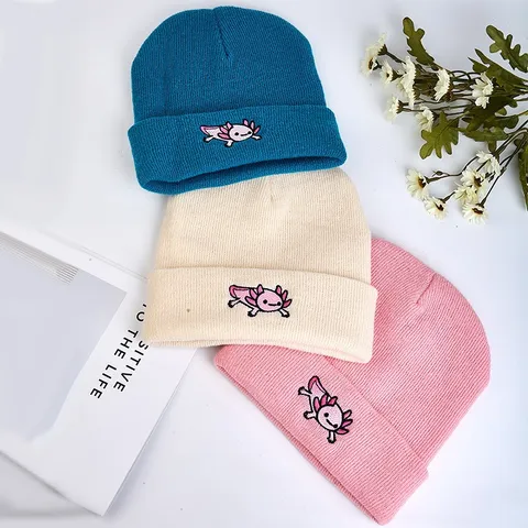 Unisex Cartoon Axolotl Embroidery Knitted Beanie Winter Warm Soft Cuffed Skull Cap For Outdoor Autumn Daily Fashion Hat