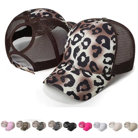 Leopard Print Ponytail Baseball Cap For Women Breathable Mesh Sunshade Outdoor Sports Adjustable High Messy Bun Hat