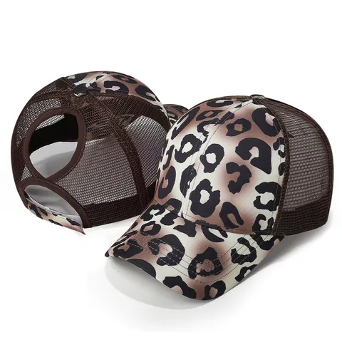 Leopard Print Ponytail Baseball Cap For Women Breathable Mesh Sunshade Outdoor Sports Adjustable High Messy Bun Hat