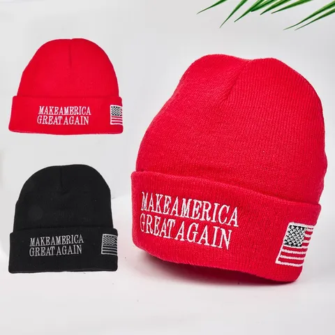 Make America Great Again Bestickt Beanie Mütze Unisex Winter Warm Acryl Strick Umschlagmütze Mit Flaggen-Patch Schwarz Rot