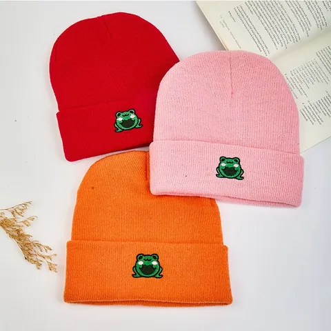 Cute Cartoon Frog Embroidered Knit Hat Winter Warm Cuffed Ribbed Beanie Hat For Men Women Students Fashion Trendy Outdoor Warmth Cold Weather Headwear