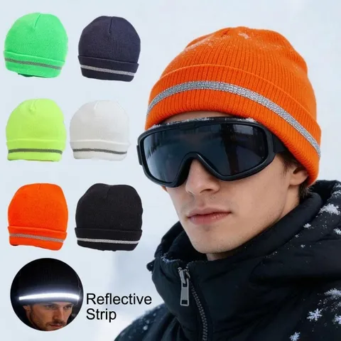 Winter Warm Gebreide Muts Met Reflecterende Strip Hoge Zichtbaarheid Fluorescerende Nacht Fietsen Schedel Muts Voor Volwassenen