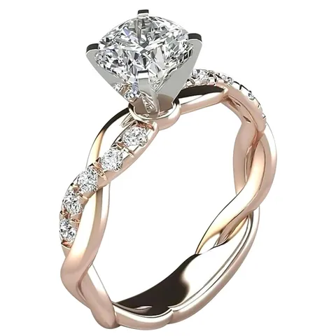 Anello in Oro Rosa Bicolore Taglio Quadrato Principessa Zirconia Lusso Fascia Intrecciata Anello di Fidanzamento Matrimonio per Donna Gioielli di Moda