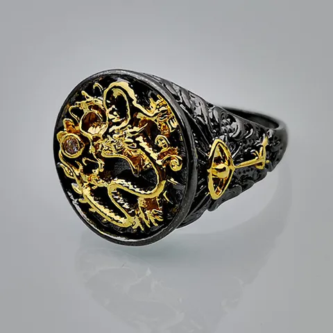 Vintage Legierung Chinesischer Drache Ring Für Herren Schwarz Gold Zweifarbig Punk Hip Hop Strass Rund Siegelring Rock Party Schmuck Geschenk