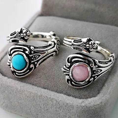 Anello Vintage Creativo a Forma di Rosa Placcato in Argento Antico con Turchese e Quarzo Rosa Regalo Gioielli da Matrimonio