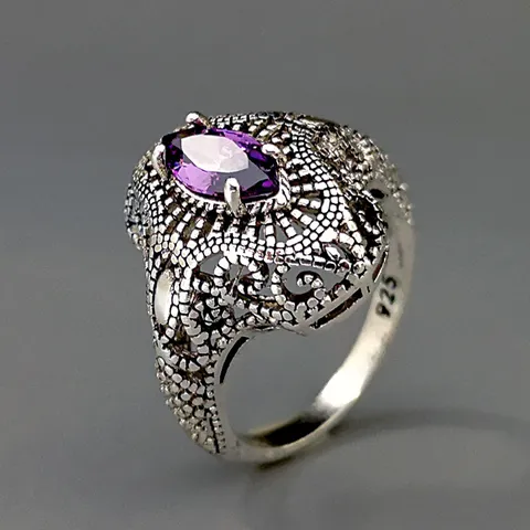Vintage 925 Thai Versilberter Ring Für Damen Hohl Marquise Violett Zirkonia Ring Antik Silber Mode Schmuck