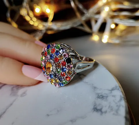 Mode Weihnachten Sternennacht Mehrfarbig Strass Blume Ring Für Damen Legierung Galvanisiert Statement Ring Schmuck Geschenk