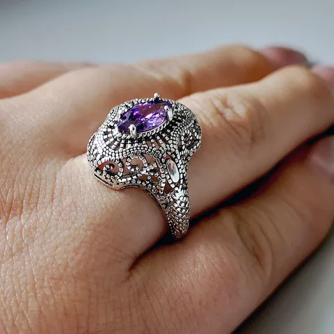 Vintage 925 Thai Silver Plated Ring For Women Hollow Marquise Purple Zirconia Ring Antique Silver Fashion Jewelry