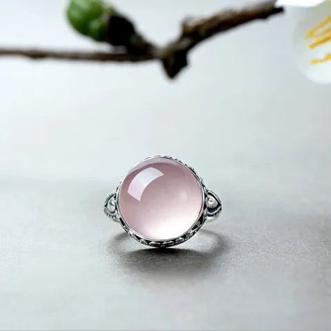 Vintage Antique Silver Plated Pink Rose Quartz Look Flower Ring For Women Retro Thai Silver Style Rhinestone Inlaid Floral Band Ring