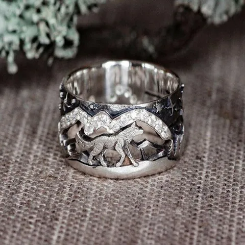Retro Thai-Silber Waldwolf Berg Sternenhimmel Paar Ring Für Herren Damen Antik Stil Legierung Strass Breites Band Ring Schmuck Geschenk