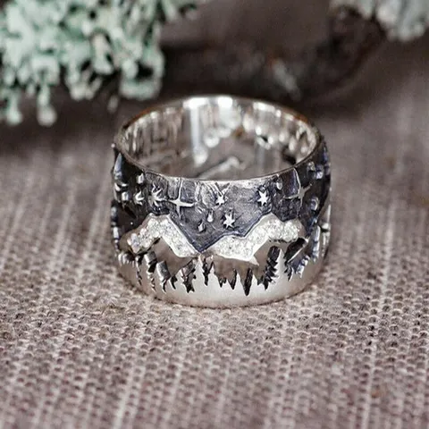 Retro Thai-Silber Waldwolf Berg Sternenhimmel Paar Ring Für Herren Damen Antik Stil Legierung Strass Breites Band Ring Schmuck Geschenk