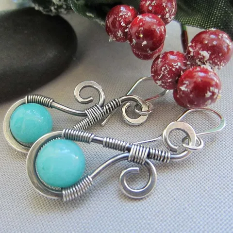 Artisan Vintage Enveloppé de Fil Boucles d'Oreilles en Pierre Naturelle Alliage Argent Antique Bohème Amazonite Quartz Rose Pendantes Bijoux Femme Cadeau