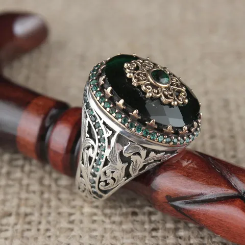 Bague Vintage Plaquée Argent Pour Homme Avec Zirconia Vert Argent Antique Double Ton Gravé Artisan Bague Gemme Pour Homme Bijoux