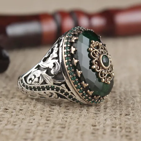 Bague Vintage Plaquée Argent Pour Homme Avec Zirconia Vert Argent Antique Double Ton Gravé Artisan Bague Gemme Pour Homme Bijoux