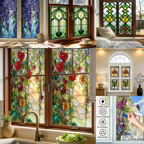 Static Cling Window Film Stained Glass Window Sticker Frosted Privacy Vines Floral Decorative Glass Decal for Home