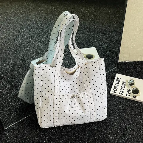 Sac à Main Coréen à Pois en Toile pour Femmes Doux à Volants Grand Sac Cabas Décontracté Sac à Épaule Quotidien Avec Poche à Cordon