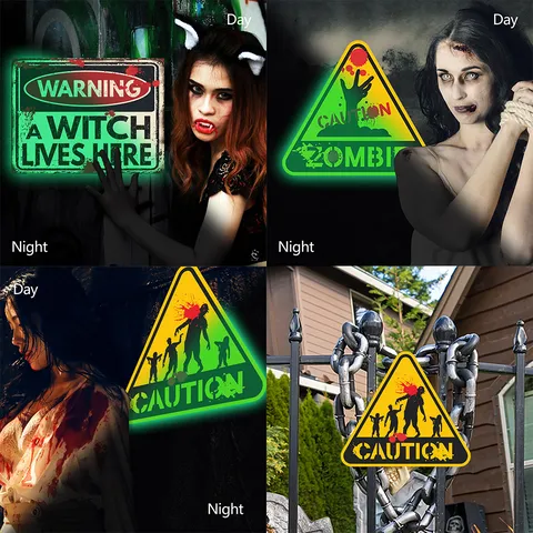 Halloween Lumineux Panneau d'Avertissement Sticker Mural Horreur Zombie Brillance Fluorescent Fête Décor PVC Décalcomanie Murale